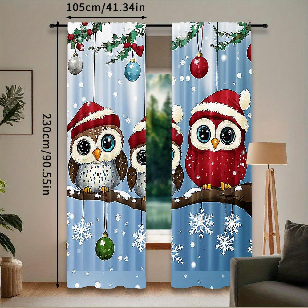 Set Of 2 Owl Family Christmas Curtains Santa Hat Snow Scene Polyester Living Room Bedroom Kitchen Decor Curtain Machine Washable Perfect For Sitting