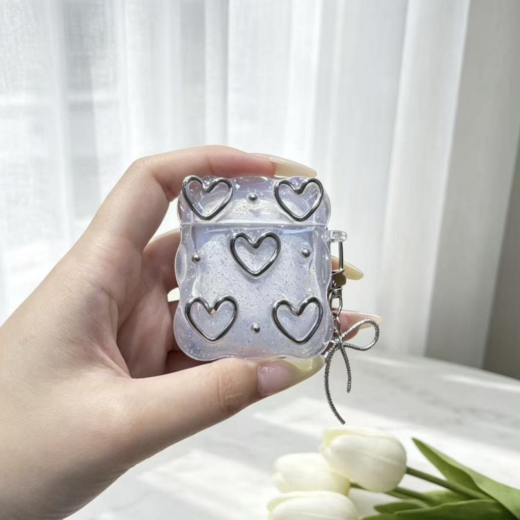 Compatible with Apple Bluetooth earphone covers, hollow heart adhesive spray AirPods 1 protective case, wave earphone case, Pro 1