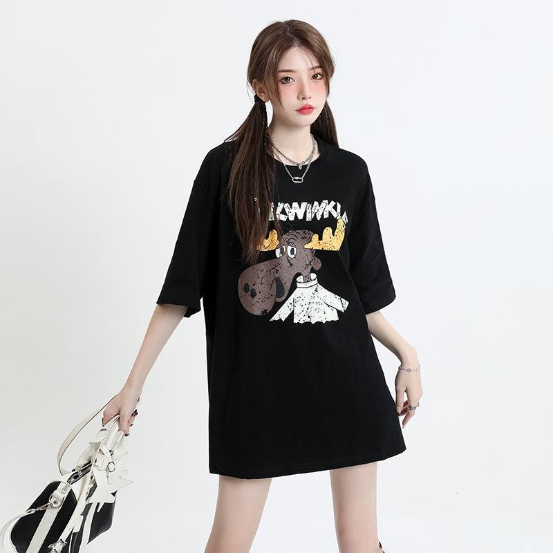 

Футболка из чистого хлопка для женщин и мужчин в одном стиле, новая летняя свободная и тонкая рубашка с круглым вырезом и короткими рукавами с креативным принтом XL чёрный