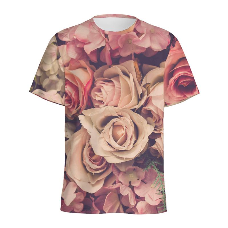 Summer Round Neck 3D Vintage Rose Flower Graphic Print Top Fashionable Casual Short Sleeved Men's T-shirts