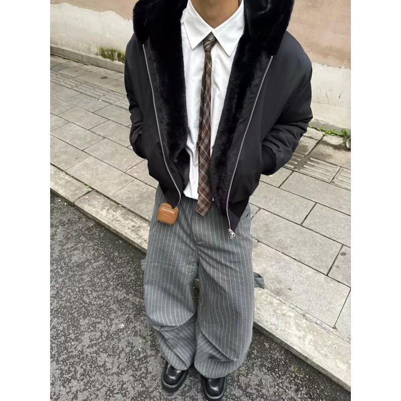 Mens Oversized Hooded Puffer Jacket With Faux Rabbit Fur Trim Warm Winter Cotton-Padded Coat Streetwear Casual Wear