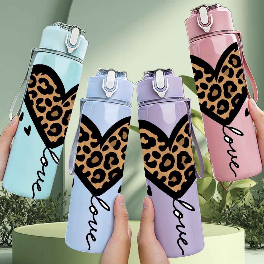 1PC Leopard Heart Balloon Art Print 750ml Color Plastic Sports Water Bottle Leakproof Flip Straw Lid Suitable for Sports Office Home Use