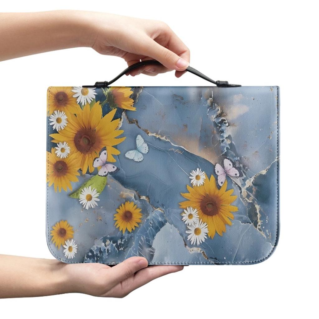 Sunflower Printing Portable Storage Pu Material Book Case Portable Book Bag