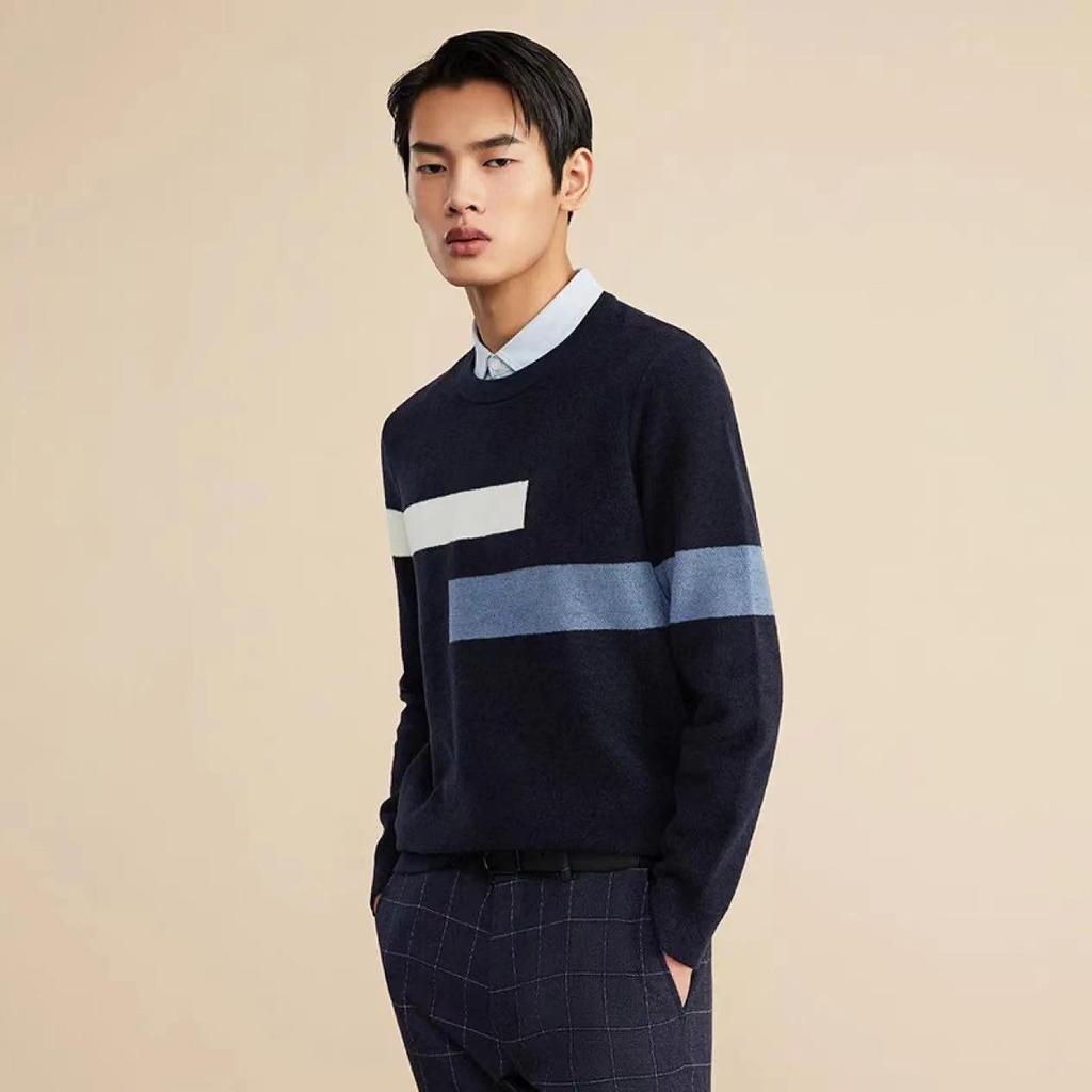 Men's Autumn Color Block Knit Pullover Sweater - Long Sleeve, Soft, Comfortable, Skin-Friendly