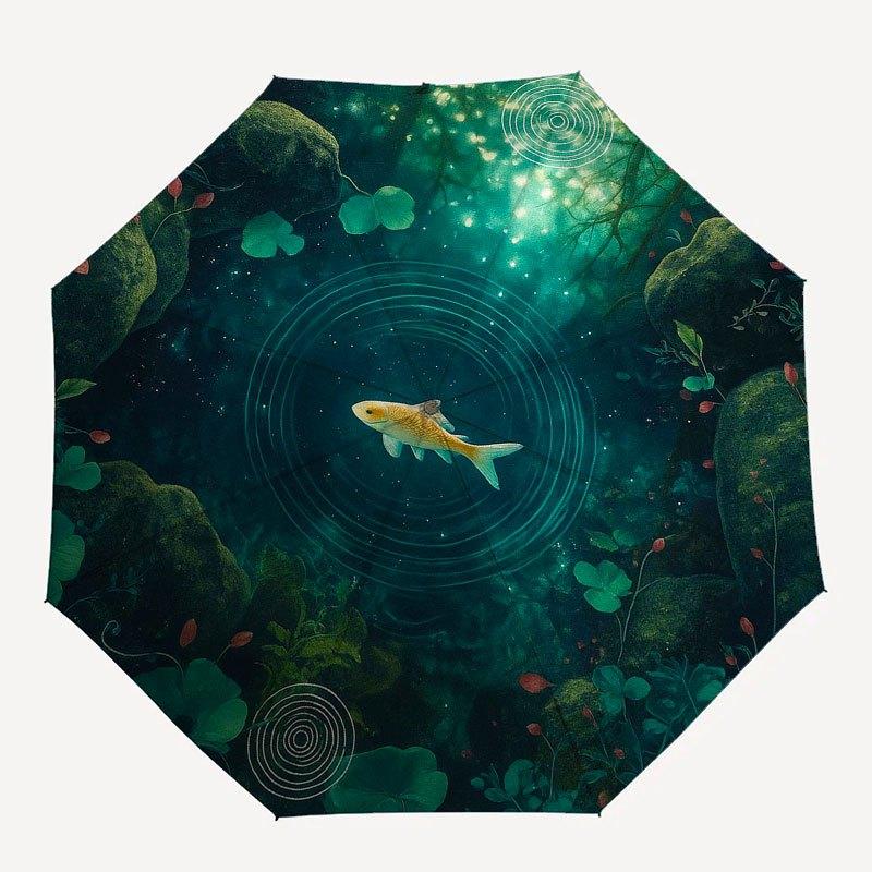 Underwater Serenity: Fish Pond Scene Circular Wall Art Umbrella, Portable 3-Fold Compact Umbrella for Men & Women R137