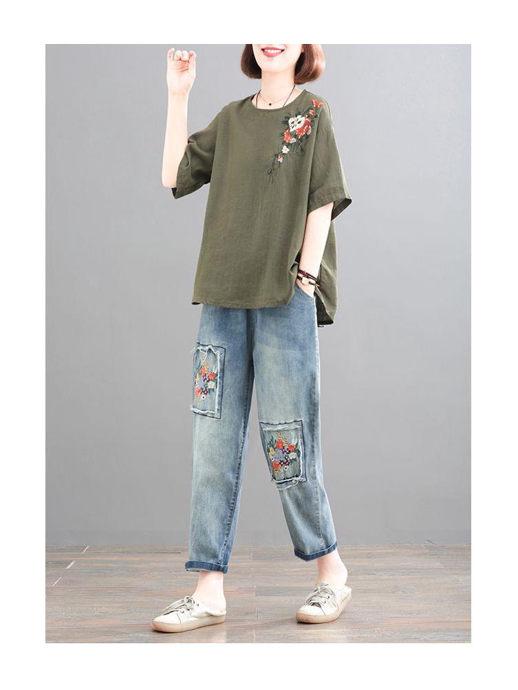 Women's Retro Korean Style Plus Size Embroidered Cotton Linen T-Shirt