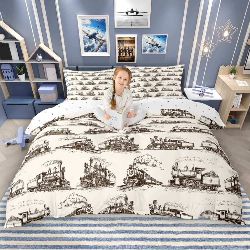 Homewish Cartoon Aircraft Train Duvet Cover Set for Children 2pcs/3pcs, Airplane Steam Engine Bedding, Transportation Bed Set