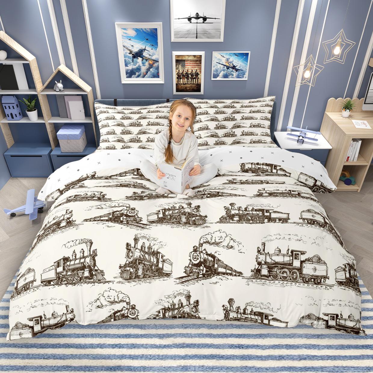 

Homewish Cartoon Aircraft Train Duvet Cover Set for Children 2pcs/3pcs, Airplane Steam Engine Bedding, Transportation Bed Set UK C 120x150cm 2pcs&set