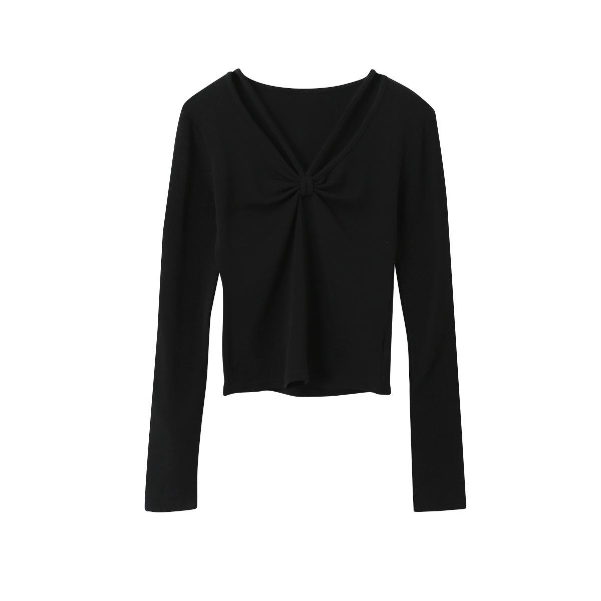 Oufan Sexy Mature V-neck Halter Twisted Long Sleeve Slimming T-shirt for Women One Size
