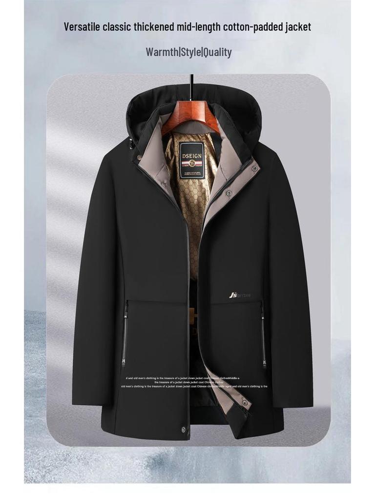 Men's Black Gold Mid-Length Winter Jacket - Thickened, Velvet-Lined, Loose-Fit Dad's Wear