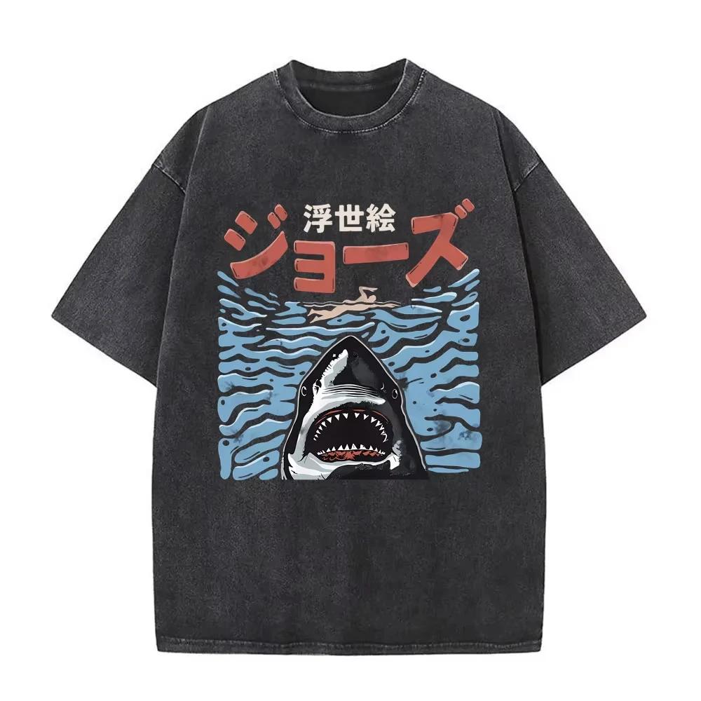 Ukiyo?e Shark Japanese Text Graphic Men Women T?Shirt Vintage Washed Retro Streetwear Crew Neck Cotton Short Sleeve Tees Tops