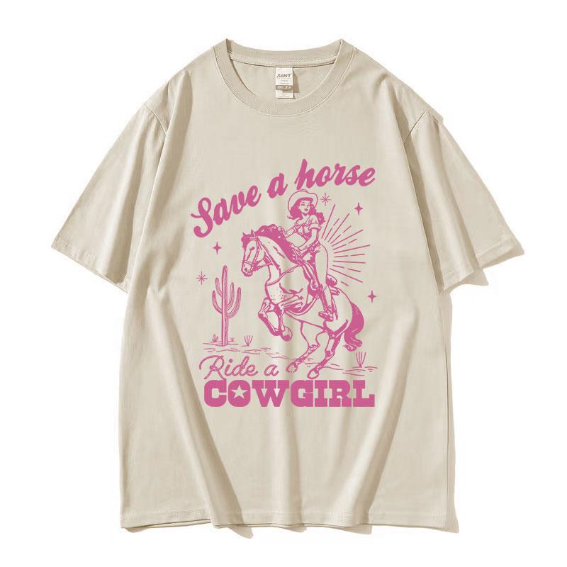

Save A Horse Ride A Cowgirl Принт Футболка Чоловіки Жінки Ретро Естетика Мода Футболки Повсякденна Оверсайз Бавовняна Футболка Вуличний Стиль 4XL