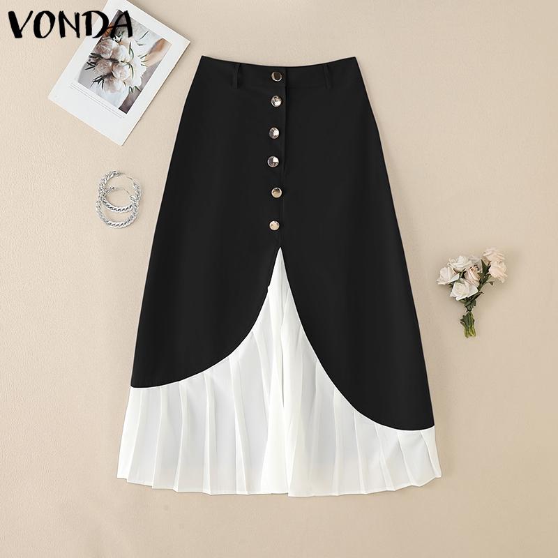 

VONDA Женские юбки с пуговицами на талии, пэчворк, оборками, подолом, миди, бедра, офисное платье 4XL