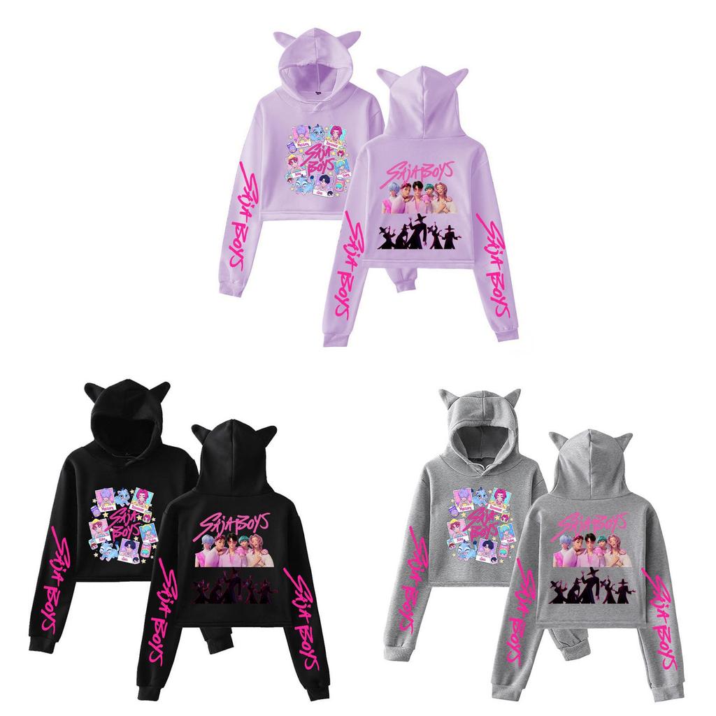 Kpop Demon Hunters Printed Short Hoodie With Cat Ears For Girls Summer Casual Wear