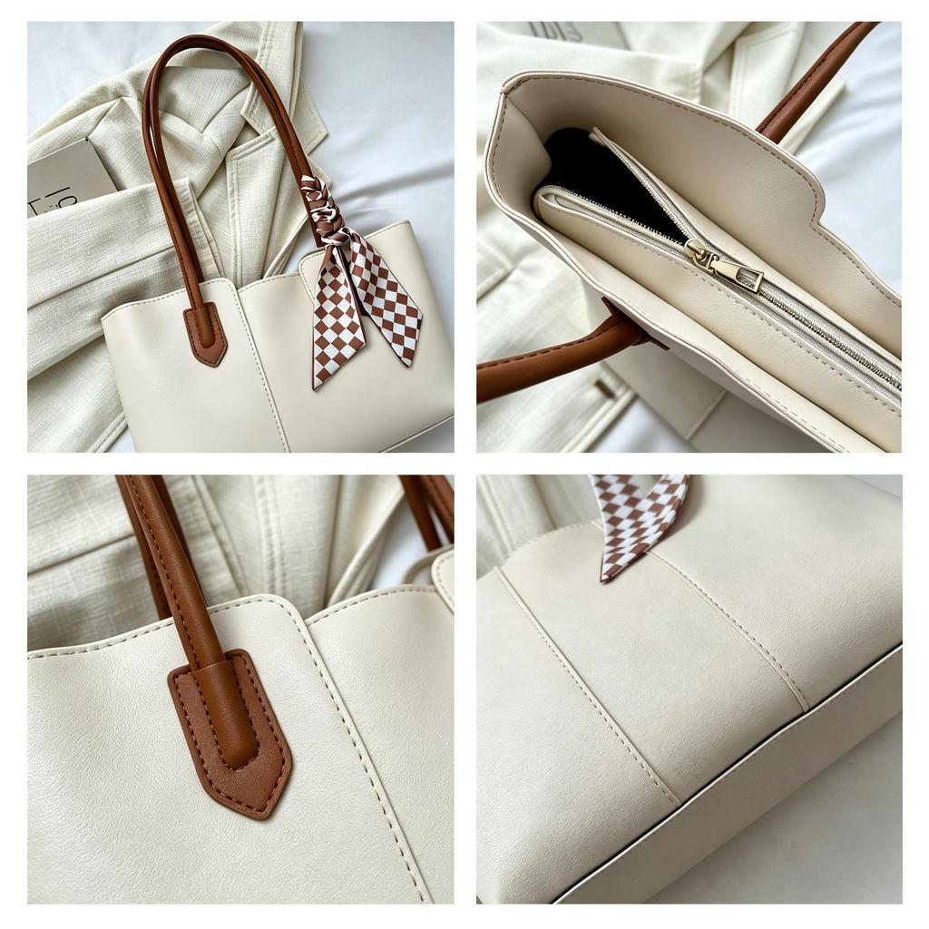 Solid Color PU Leather Large Capacity Tote Bag, Checkered Striped Silk Scarf Decor Long Handle Shoulder Bag For Women Office School Daily Commute