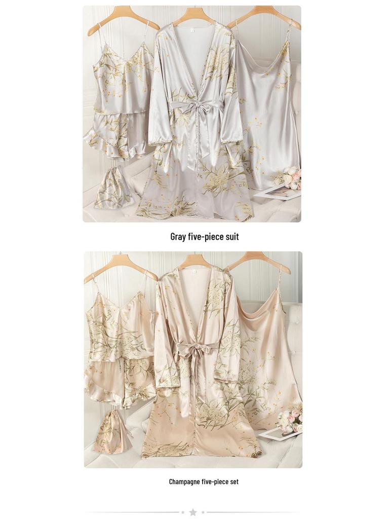 Elegant Women's Spring & Autumn Ice Silk Pajama Set: Long Sleeve Camisole Nightdress & Robe, 5-Piece Luxury Home Wear.