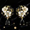 Female White Enamel Black Stone Flower Stud Earrings Vintage Gold Color Wedding Party Gift  For Women