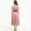 Elegant Evening Party Dress Summer Women Cross V-Neck Puff Short Sleeve Satin High Waist Belt Lace Up Midi Dress