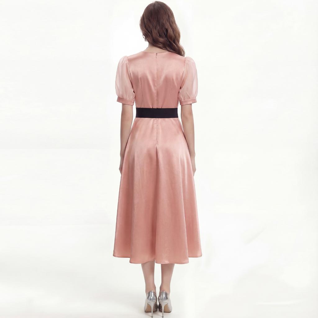 Elegant Evening Party Dress Summer Women Cross V-Neck Puff Short Sleeve Satin High Waist Belt Lace Up Midi Dress