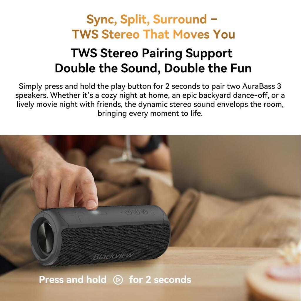 Blackview Aruabass 3 Bluetooth Speaker IPX7 Waterproof Wireless Stereo Bass Portable Bluetooth Speaker BT 5.3 3600  mAh