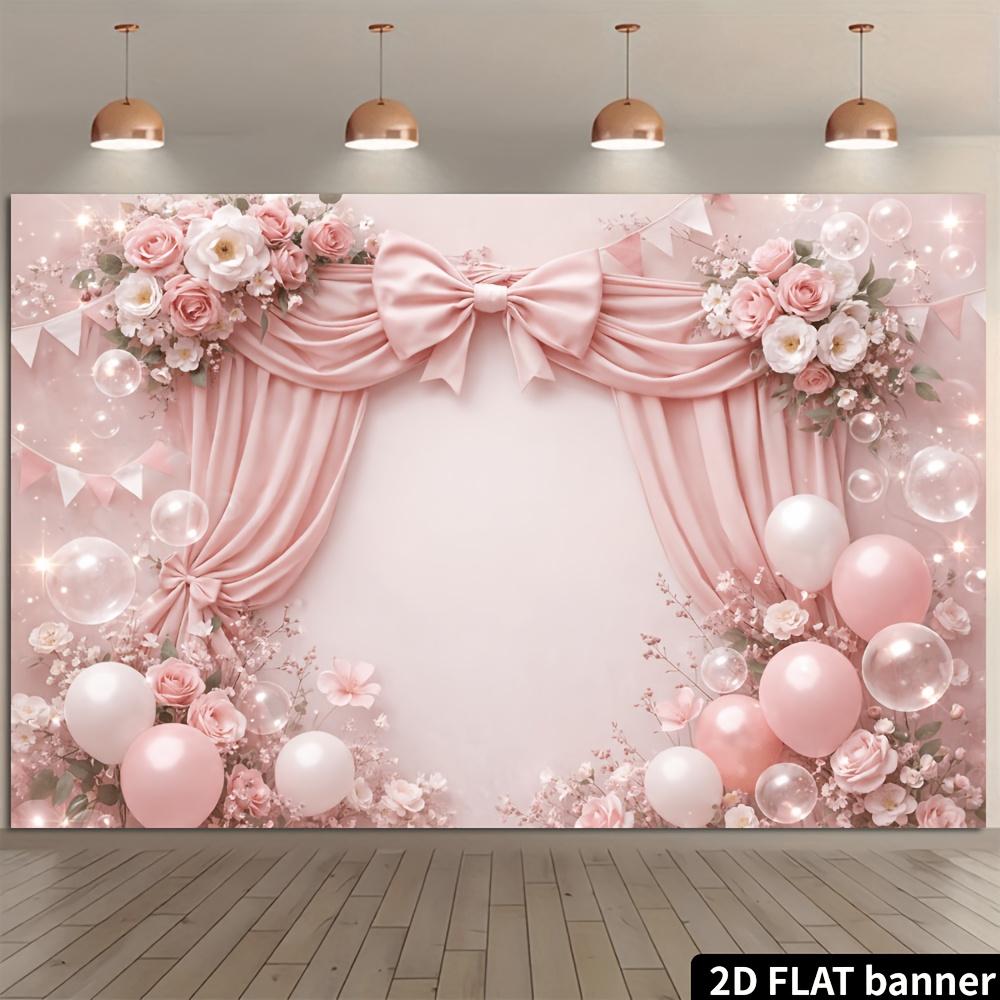 Romantic pink theme banner background featuring pink bows roses white flowers and pink-white balloons 100x150cm