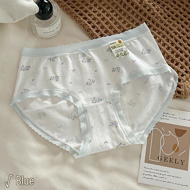 10A Antibacterial Floral Lace Trim Cotton Crotch Mid-Waist Girly Briefs
