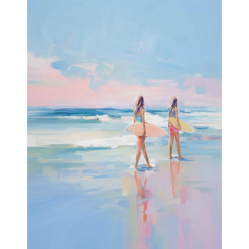 Pink Watercolor Ocean Waves Seascape Poster Oyster Shell Beach Umbrella Surfing Canvas Printing Wall Art Picture Home Decor