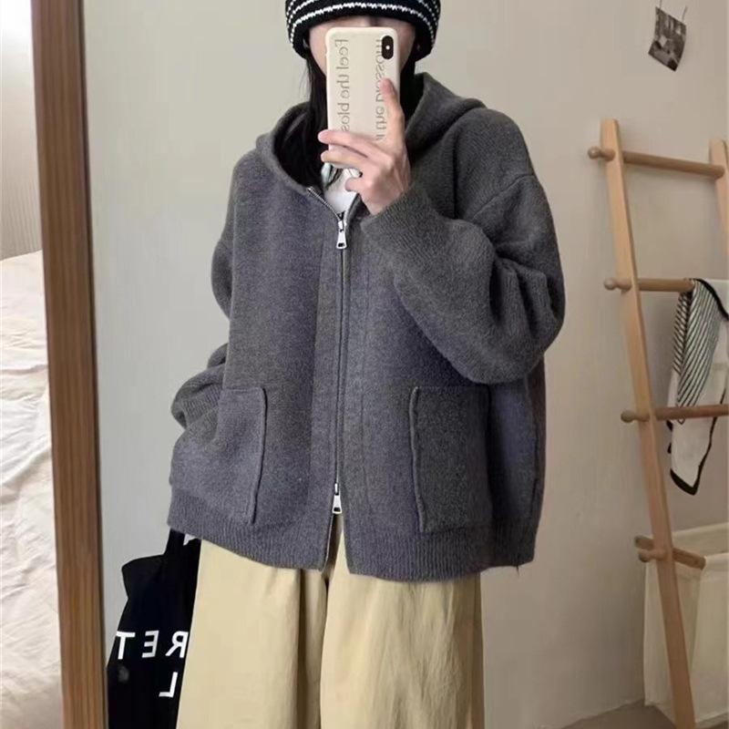 JKASHDK Женская мода Повседневный Осень Зима Однотонный Принт Длинный Рукав С Капюшоном Свитер Average code серый