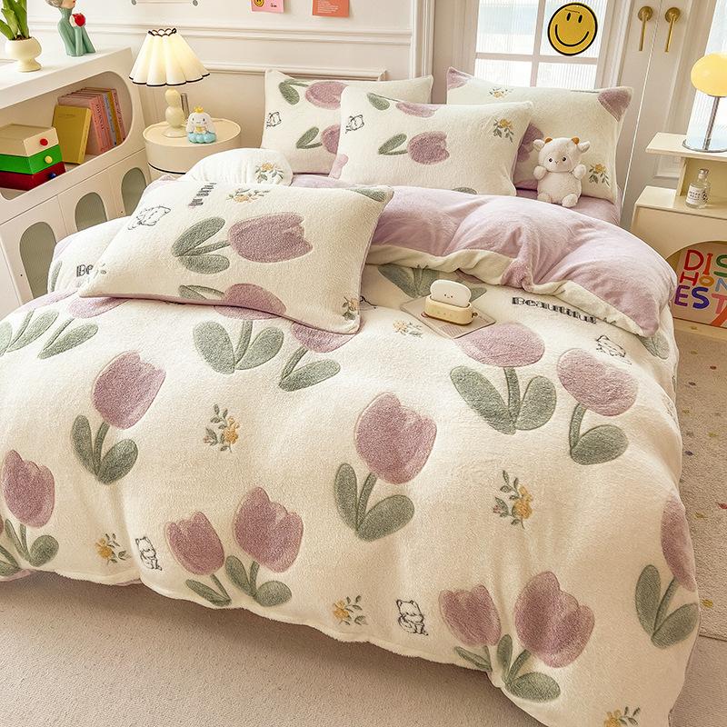 Winter Milk Fleece Bedding Four-piece Set Double-sided Fleece Thickened Sheets Quilt Cover Pillowcase