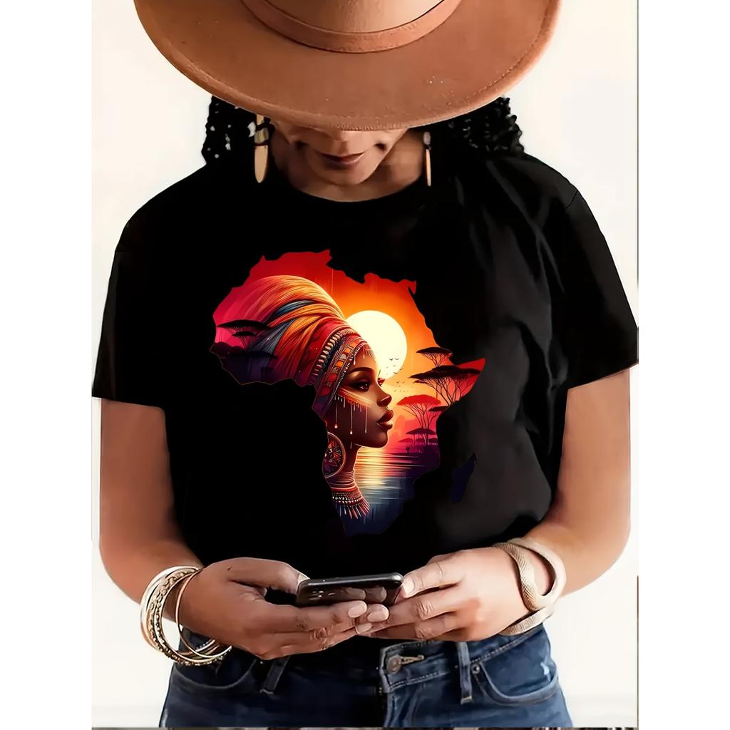 Sunset Beauty Print Casual Round Neck Women's Short Sleeve Spring/Summer Top