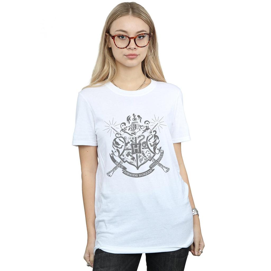 HARRY POTTER Womens/Ladies Hogwarts Badge Wands Cotton Boyfriend T-Shirt