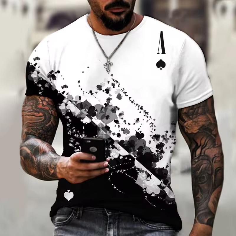 Black and white poker T-shirt 3D spade print fashionable street round neck men's T-shirt short sleeved hip-hop casual summer top
