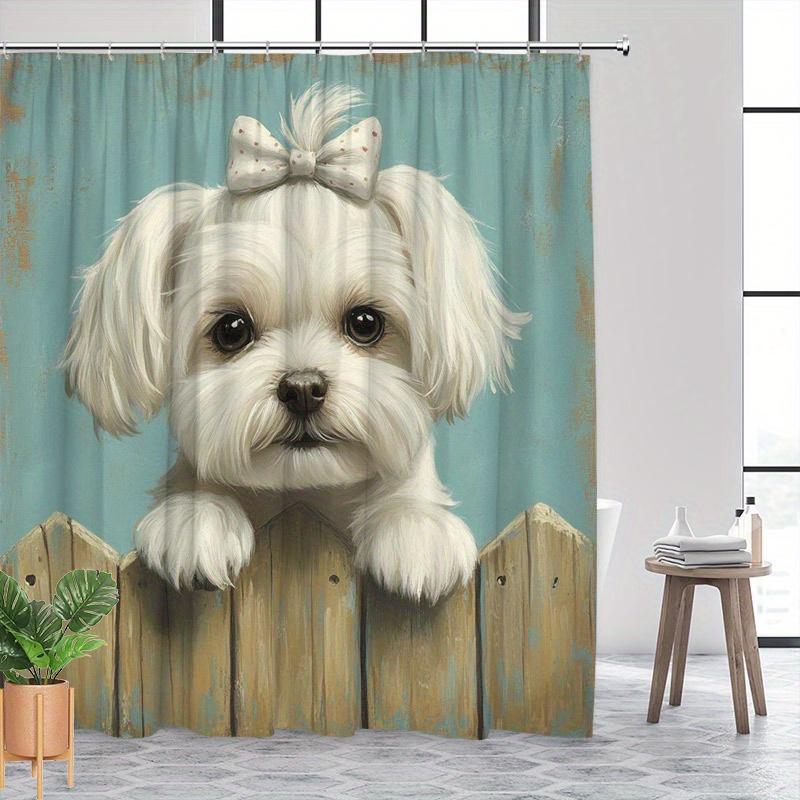Cute White Puppy Shower Curtain: Polka dot bow, blue fence design, polyester,, 12 hooks, washable, playful dog theme.