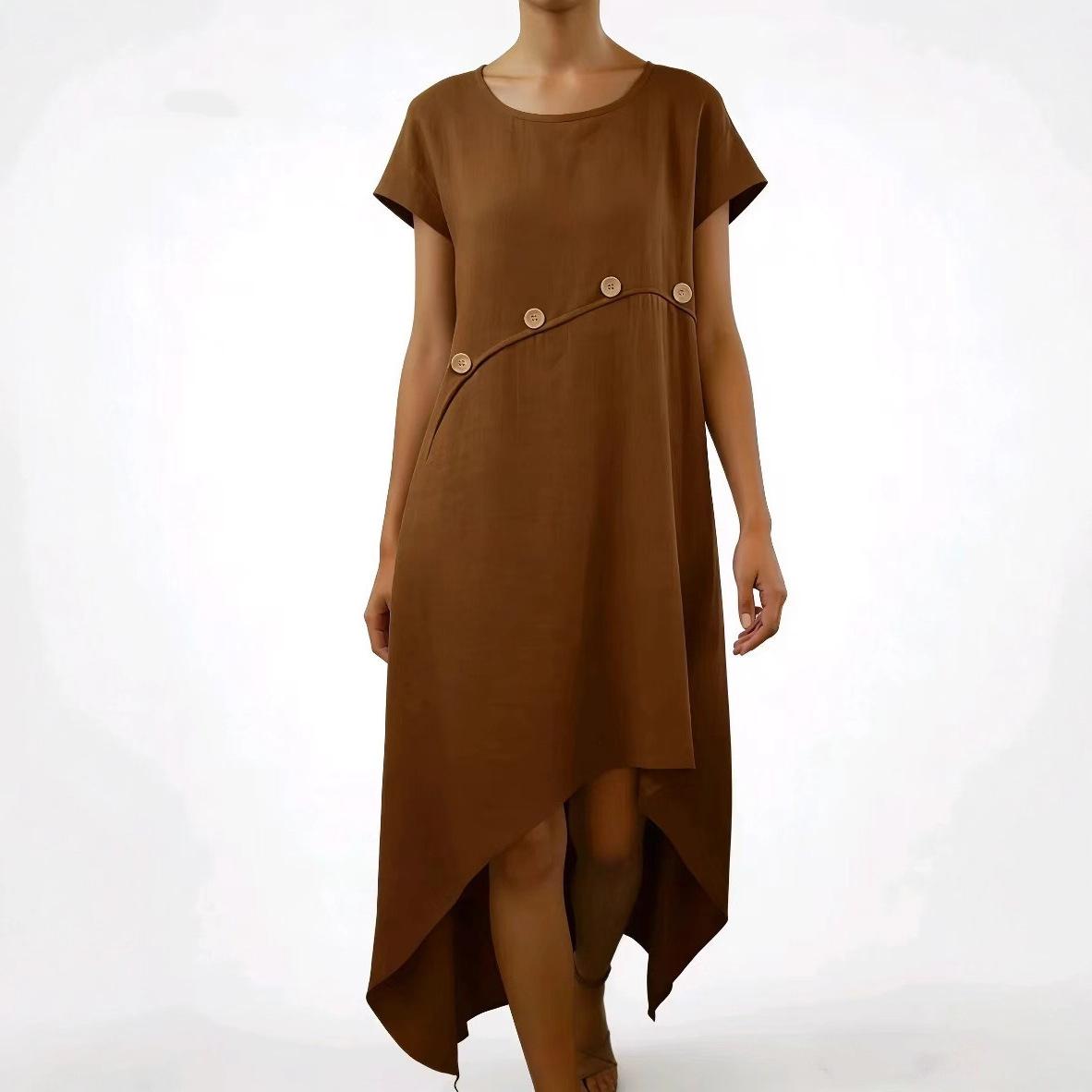 

women s Asymmetrical Hem Loose Fit Dress Casual Button Decor Midi Tunic Dress S темно-коричневого