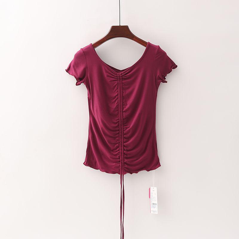 

[Qiao] Shopping Mall Brand Discount Women s Elastic Drawstring Lined Chest Pad Yoga Sports T-shirt 3s263 Wine Red S/155