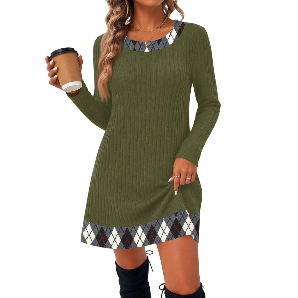 Women's Fashion Vertical Striped Knit Long Sleeve Dress for Casual Everyday Wear