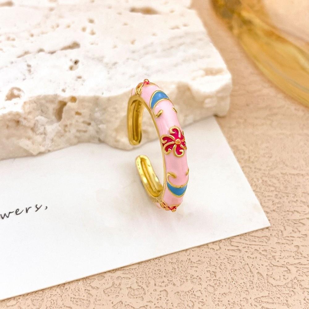 Unique Enamel Dot Open Ring Chinese Style Adjustable Ring Elegant Bohemian Ring  Women