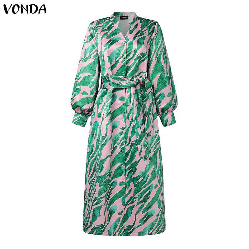 VONDA Oversized Women Casual V Neck Long Sleeve Floral Print Belt Smooth Loose Dress