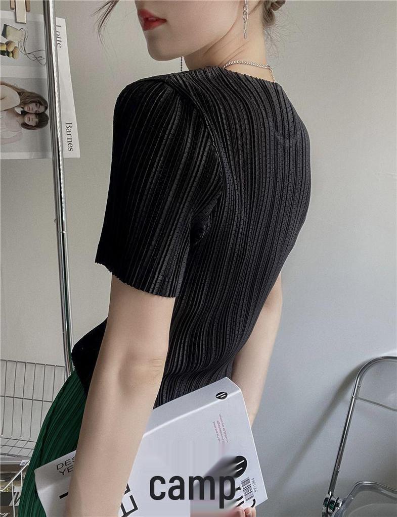 Miyake 2023 Women's Summer Pleated Short Sleeve Slimming T-Shirt with Round Neck and Hollow Out Design