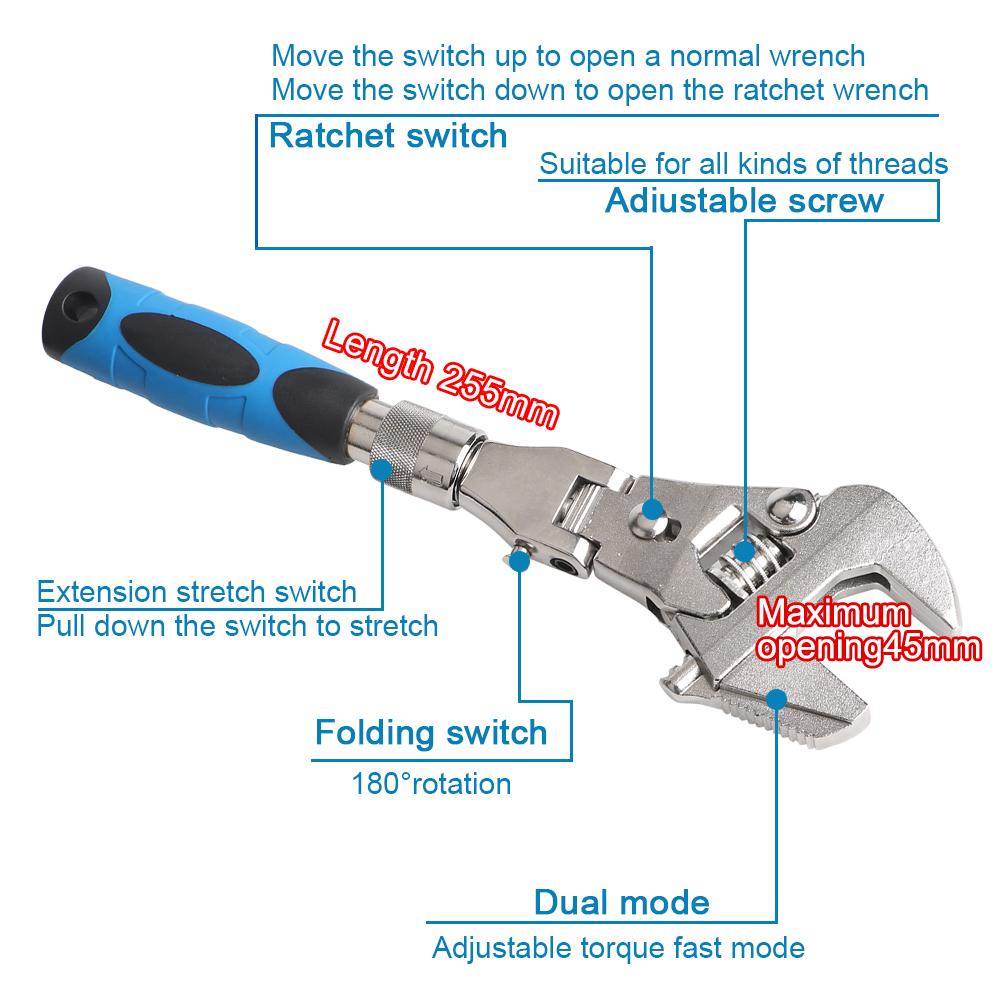 180 Degree Folding Manual Tool Adjustable Torque Wrench Household Maintenance 10 Inch Pulley Wrench 5 In 1 Ratchet Wrench