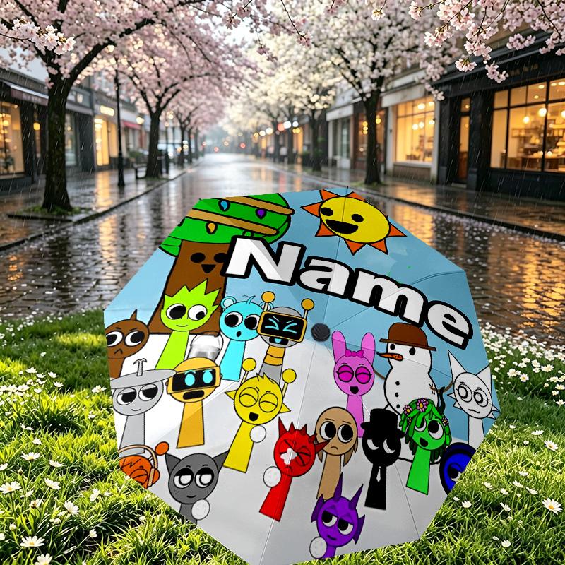 Custom Name Personalized Sprunki Game Print Umbrella, Auto Open Close, 8‑Rib Sturdy Frame, Commute Camping Hiking Use, Birthday Gift