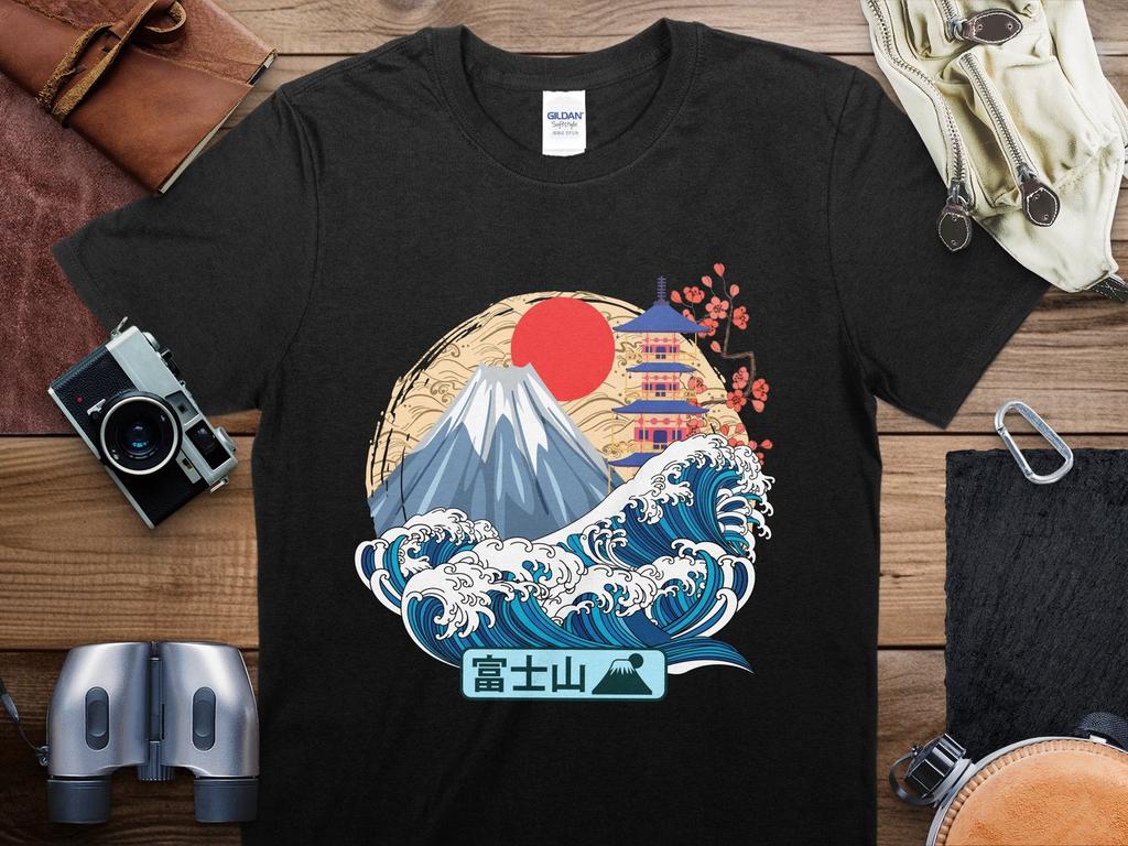 Japanese Wave and Mount Fuji T-Shirt, Vintage Japan Art Tee, Unisex Cotton Shirt, Aesthetic Clothing, Sunset and Sakura Blossom Top