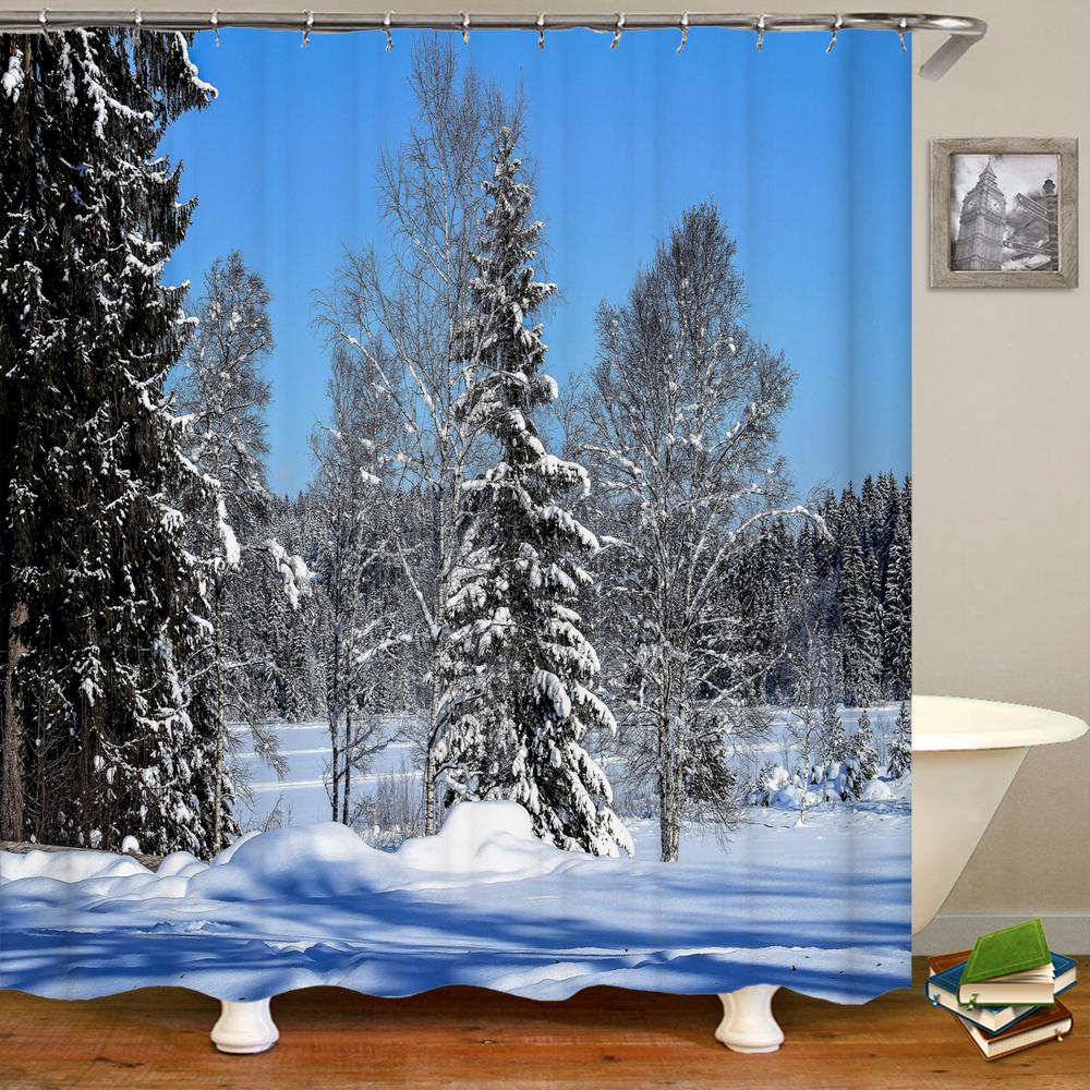 Natural Landscape Shower Curtains Bathroom Curtain Snow Scene Cedar Waterproof Polyester Bath Curtain Home Decorationwith Hooks