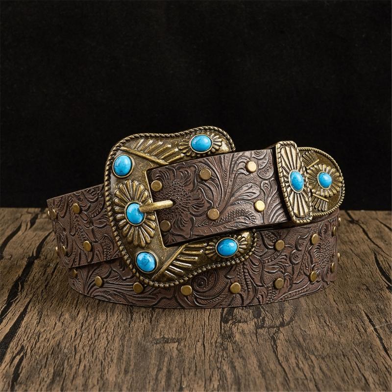 Western Engraved Leather Belt Adjustable Waistband Durable PU Material For Men Women