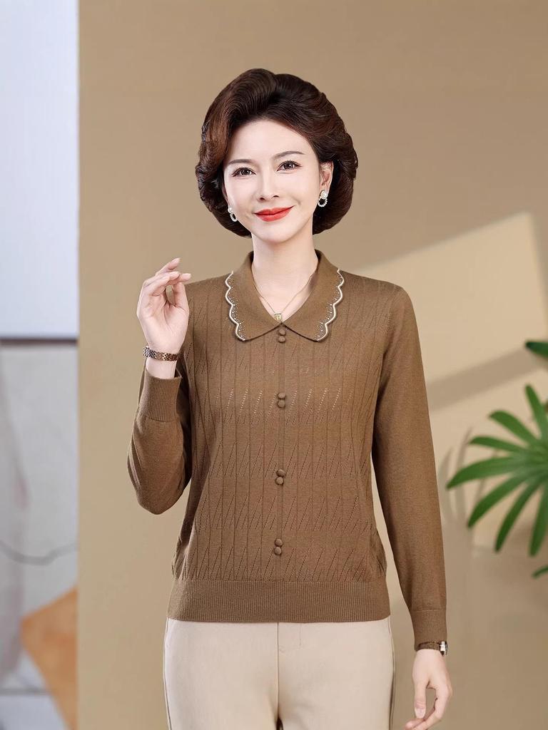 Elegant Knit Long-Sleeve Lapel Top for Middle-Aged Women: Spring/Autumn Casual Wear