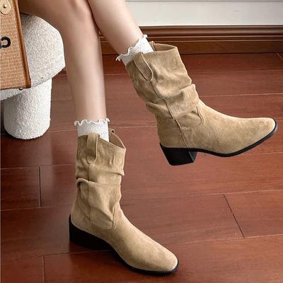 Matowe zamszowe buty kowbojskie z wycięciem w kształcie litery V Damskie Retro Średniej wysokości Buty z rękawem Stacking Boots