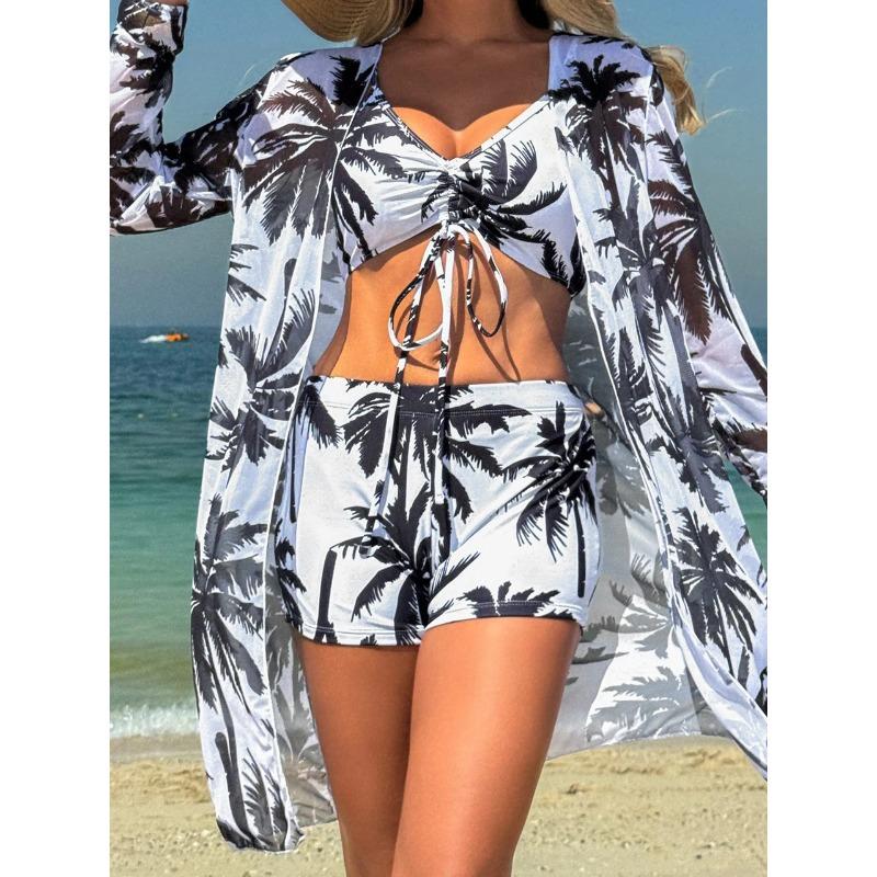 3 Pieces Tie Dye Bikinis Swimsuit 2026 New Women Drawstring Front Swimwear Female High Waist Shorts Bathers Swim Suit Beachwear