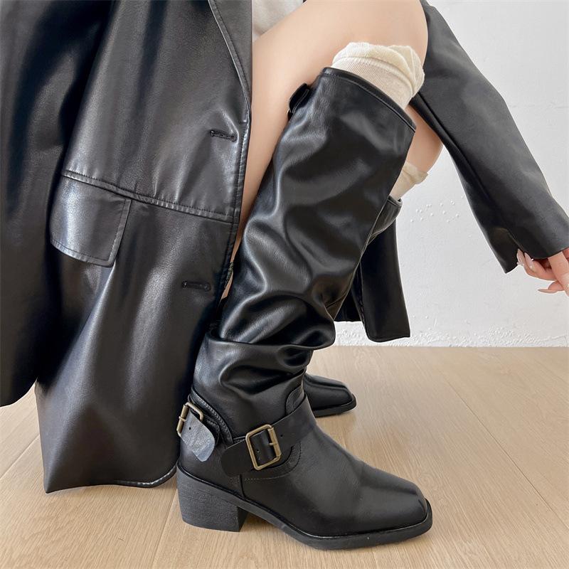 White retro high-end thick-heeled boots children's boots 2025 new autumn with skirt thin knight boots
