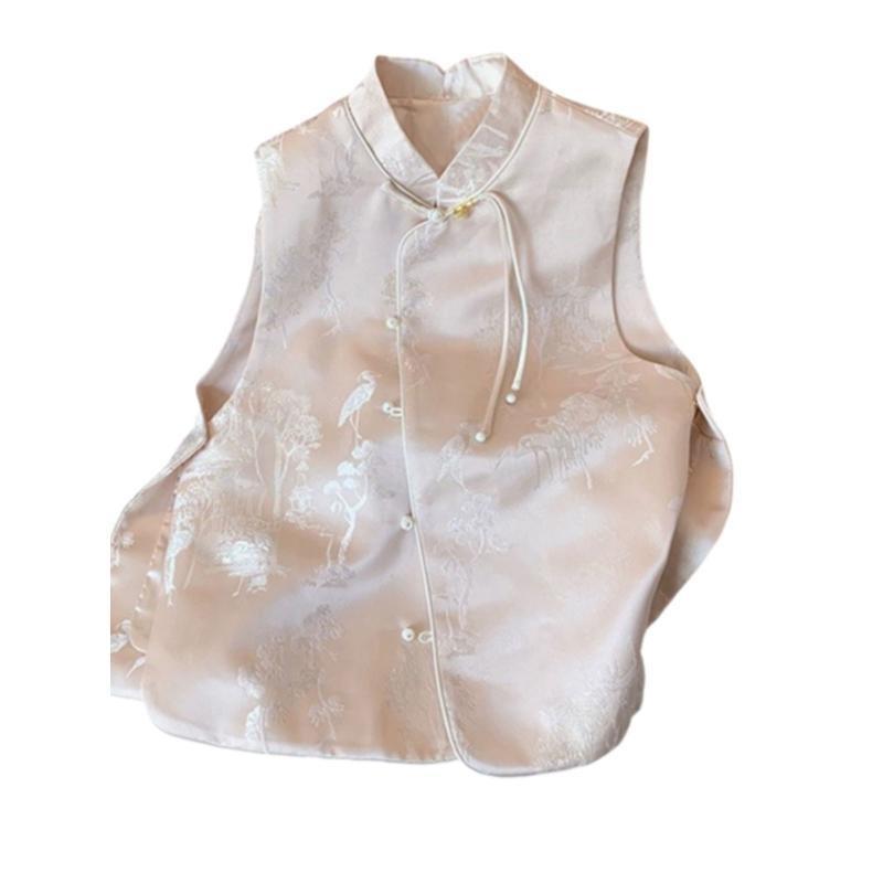 Vest satin jacquard vest women's early spring high-end sense antique style disc-buckled fringed vest sleeveless women's top