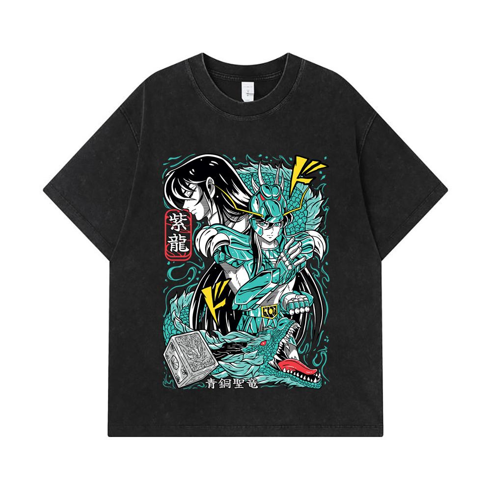 275 GSM Washed T-shirts 100% Cotton Saint Seiya V8 Shiryu Print Unisex Heavy Cotton T Shirt